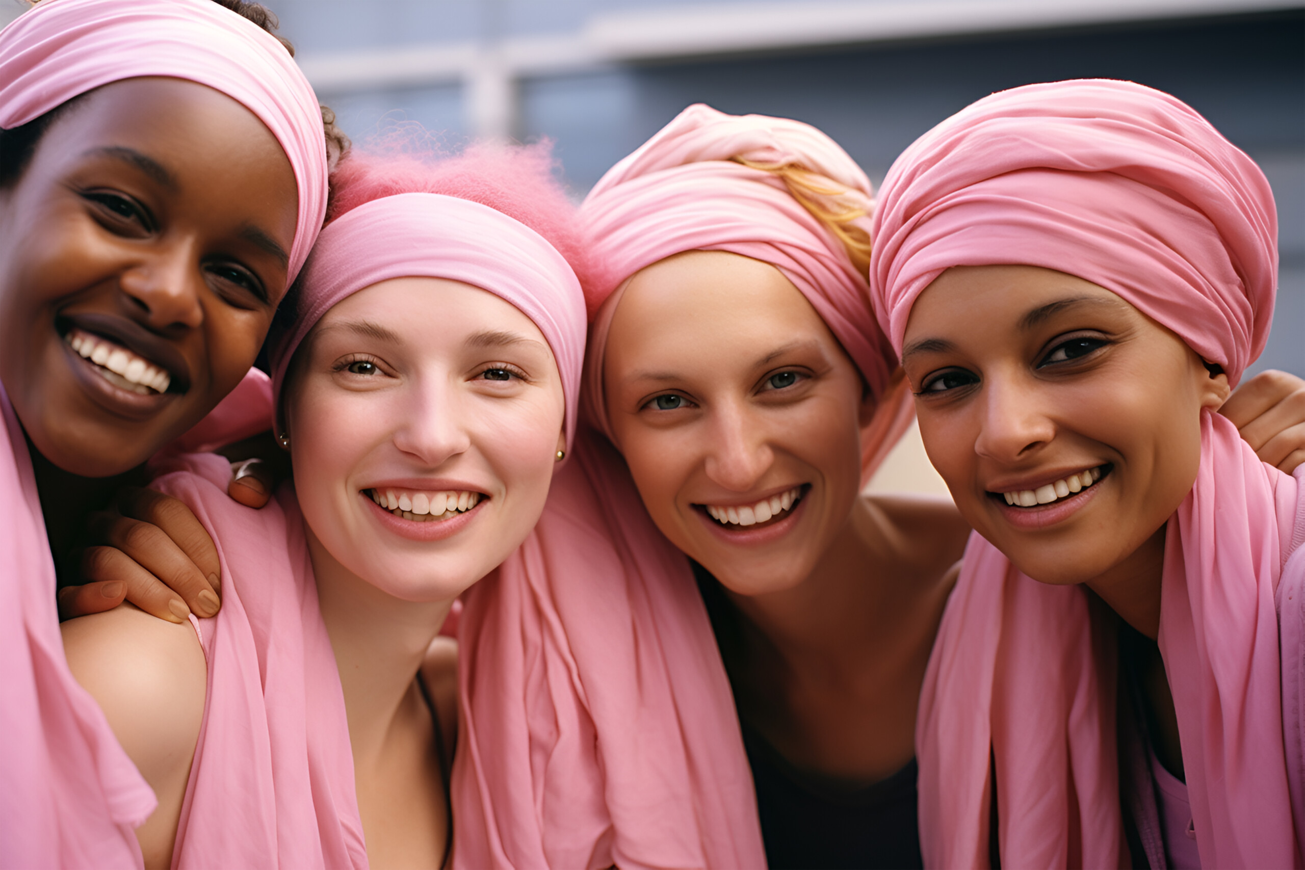 group-young-women-with-pink-towels-heads-smiling-looking-camera-cancer-awareness